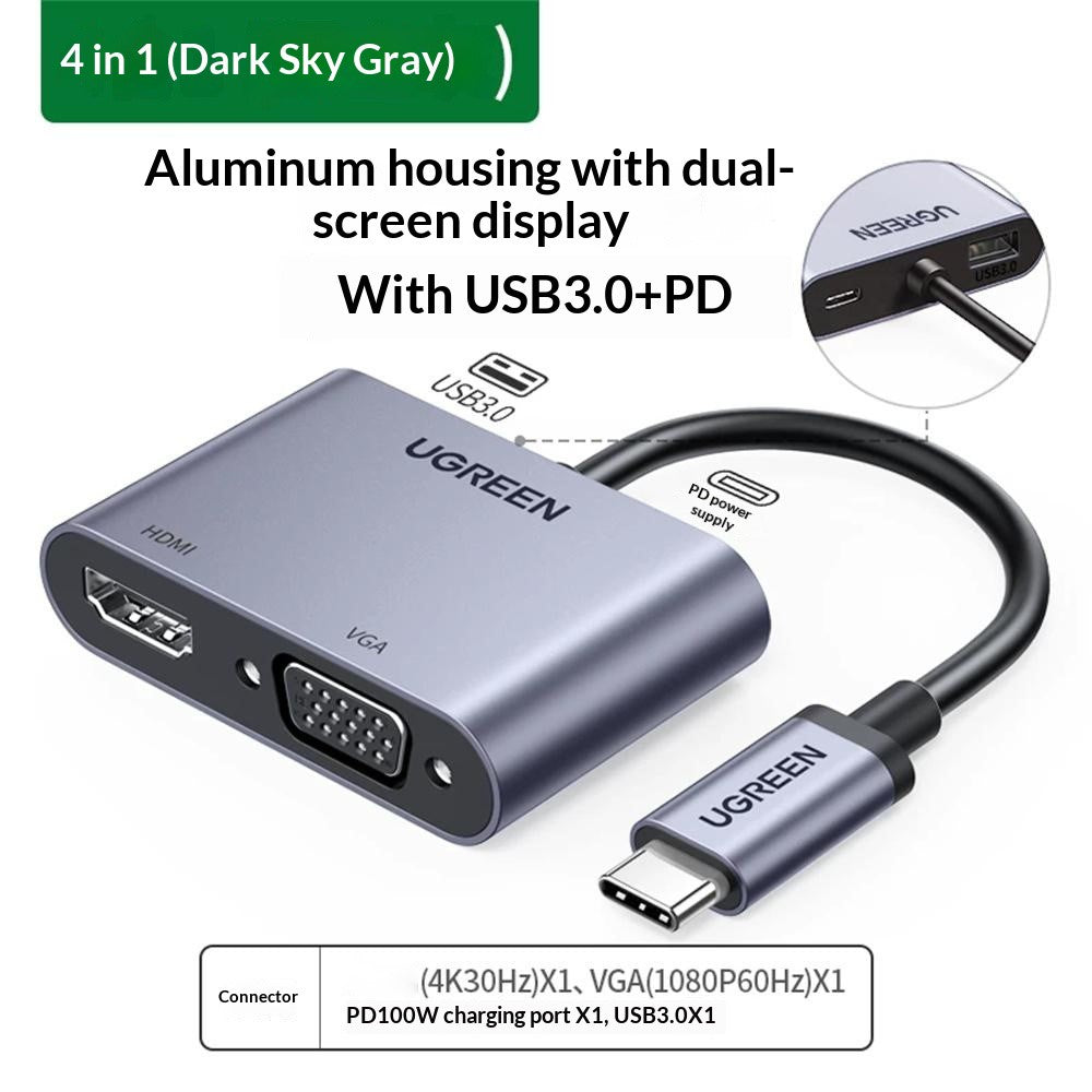 UGREEN 50505 4-i-1-hub USB-C til 4K / 30Hz HD VGA USB 3.0 PD 100W hurtigopladningsadapter