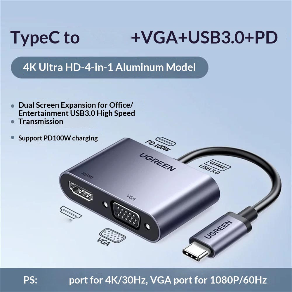 UGREEN 50505 4-i-1-hub USB-C til 4K / 30Hz HD VGA USB 3.0 PD 100W hurtigopladningsadapter