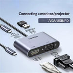 UGREEN 50505 4-i-1-hub USB-C til 4K / 30Hz HD VGA USB 3.0 PD 100W hurtigopladningsadapter