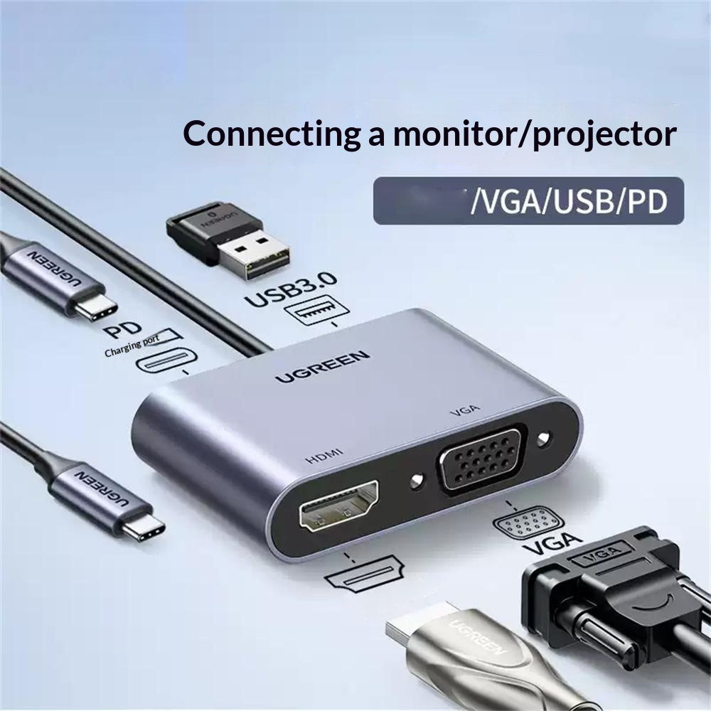 UGREEN 50505 4-i-1-hub USB-C til 4K / 30Hz HD VGA USB 3.0 PD 100W hurtigopladningsadapter