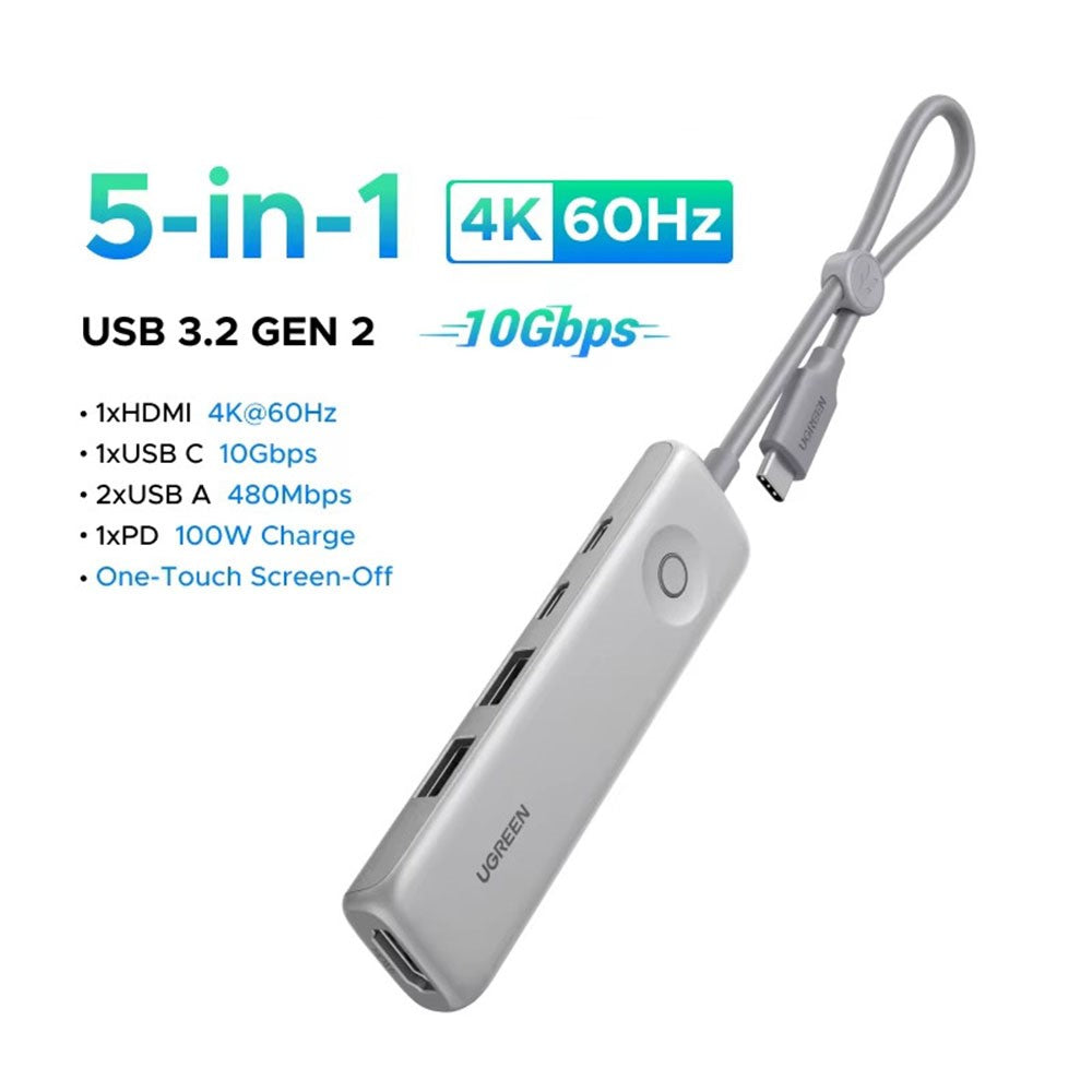UGREEN U601 95189 5-i-1 USB-C Hub 4K / 60Hz HD PD 100W Hurtig Opladning USB 3.2 Gen2 10Gbps Type-C Dockingstation til MacBook Bærbar Computer