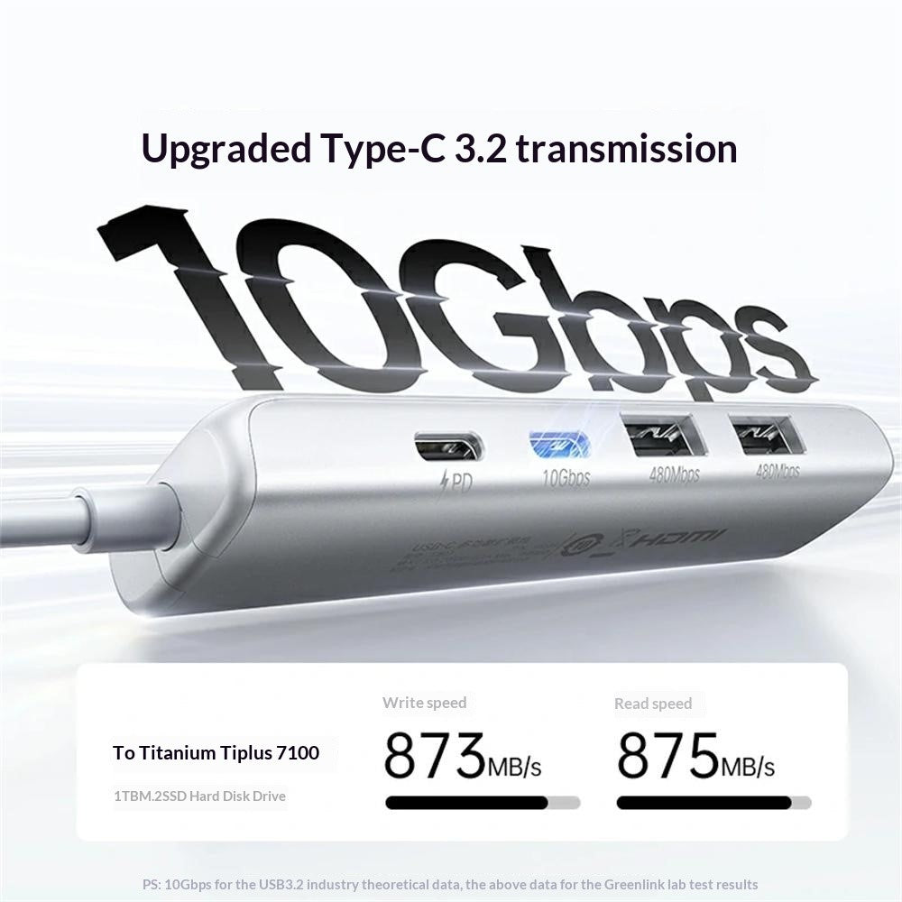 UGREEN U601 95189 5-i-1 USB-C Hub 4K / 60Hz HD PD 100W Hurtig Opladning USB 3.2 Gen2 10Gbps Type-C Dockingstation til MacBook Bærbar Computer