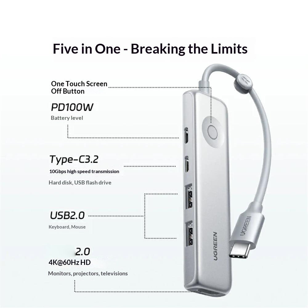 UGREEN U601 95189 5-i-1 USB-C Hub 4K / 60Hz HD PD 100W Hurtig Opladning USB 3.2 Gen2 10Gbps Type-C Dockingstation til MacBook Bærbar Computer