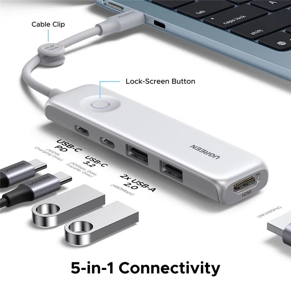 UGREEN U601 95189 5-i-1 USB-C Hub 4K / 60Hz HD PD 100W Hurtig Opladning USB 3.2 Gen2 10Gbps Type-C Dockingstation til MacBook Bærbar Computer