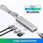 UGREEN U601 95189 5-i-1 USB-C Hub 4K / 60Hz HD PD 100W Hurtig Opladning USB 3.2 Gen2 10Gbps Type-C Dockingstation til MacBook Bærbar Computer