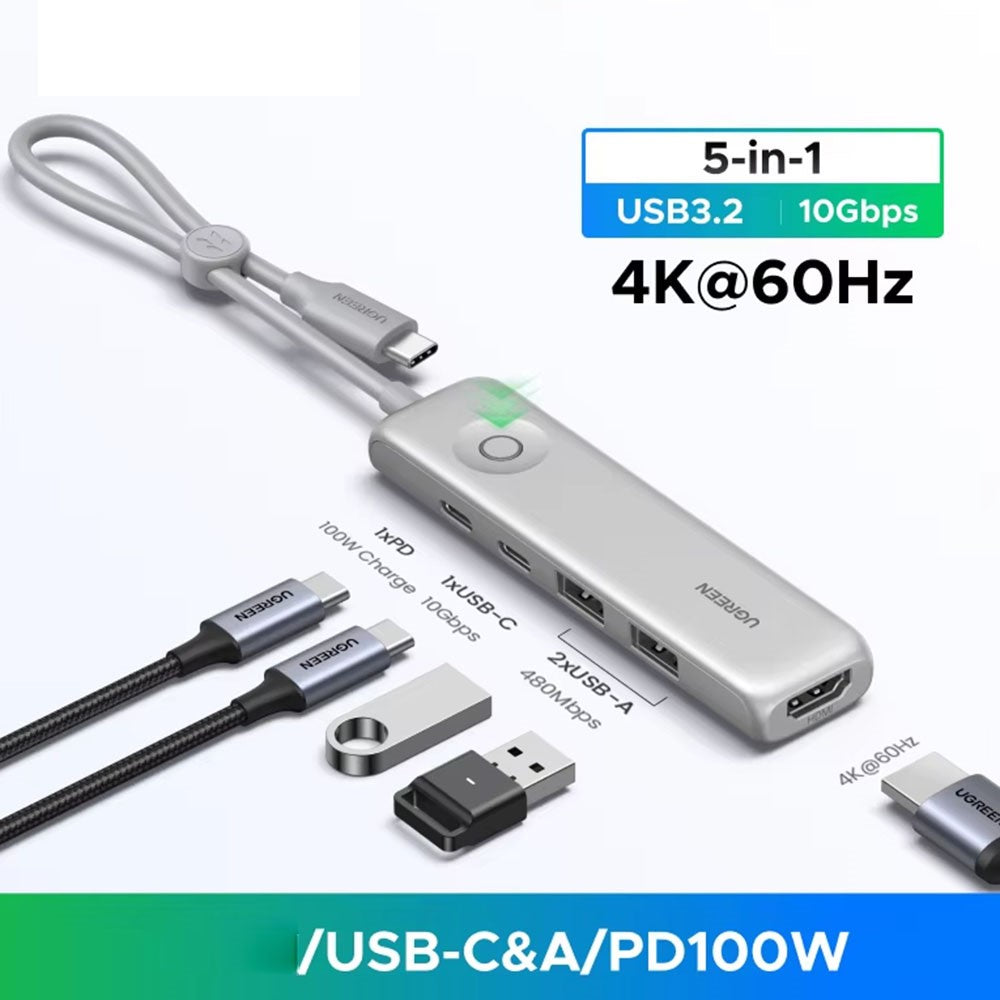UGREEN U601 95189 5-i-1 USB-C Hub 4K / 60Hz HD PD 100W Hurtig Opladning USB 3.2 Gen2 10Gbps Type-C Dockingstation til MacBook Bærbar Computer