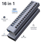 ACASIS HS-716 16-ports USB 3.2 Hub 10Gbps Dataoverførsel Aluminiumlegering Splitter med 96W Strømadapter til PC Laptop