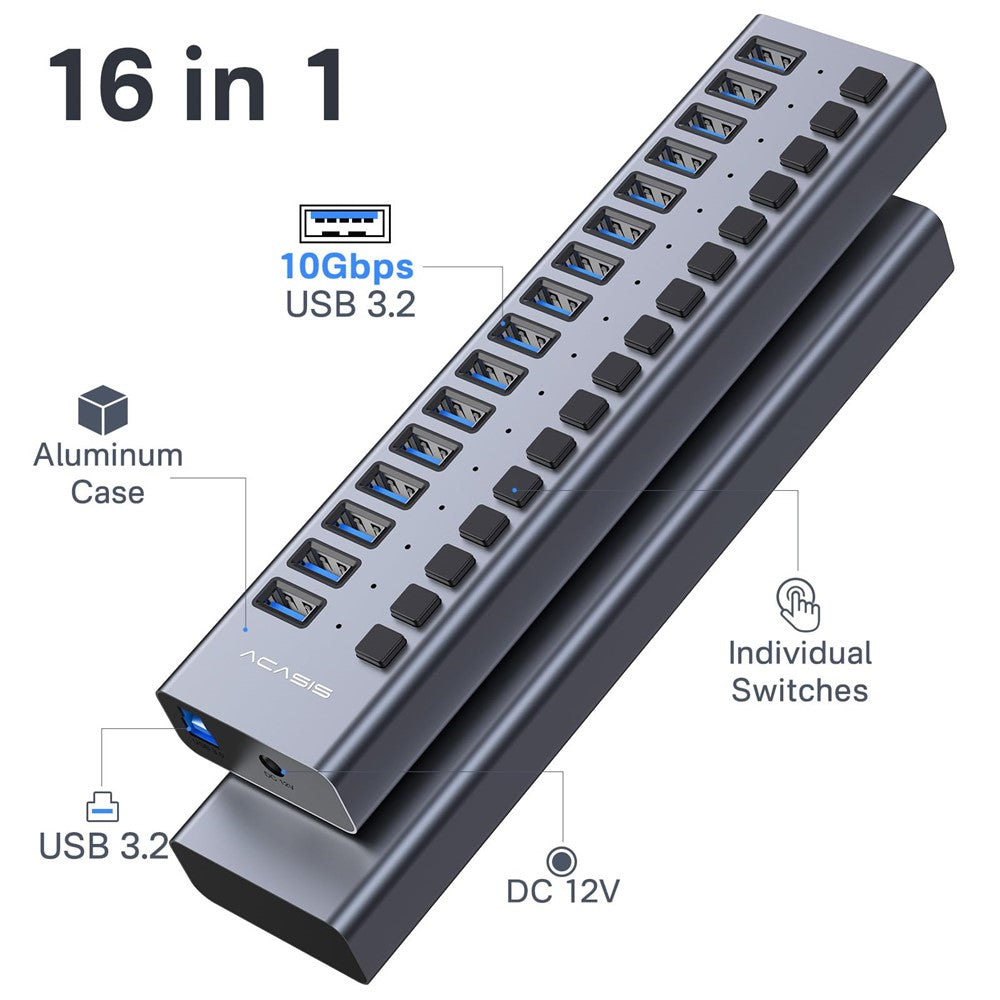 ACASIS HS-716 16-ports USB 3.2 Hub 10Gbps Dataoverførsel Aluminiumlegering Splitter med 96W Strømadapter til PC Laptop