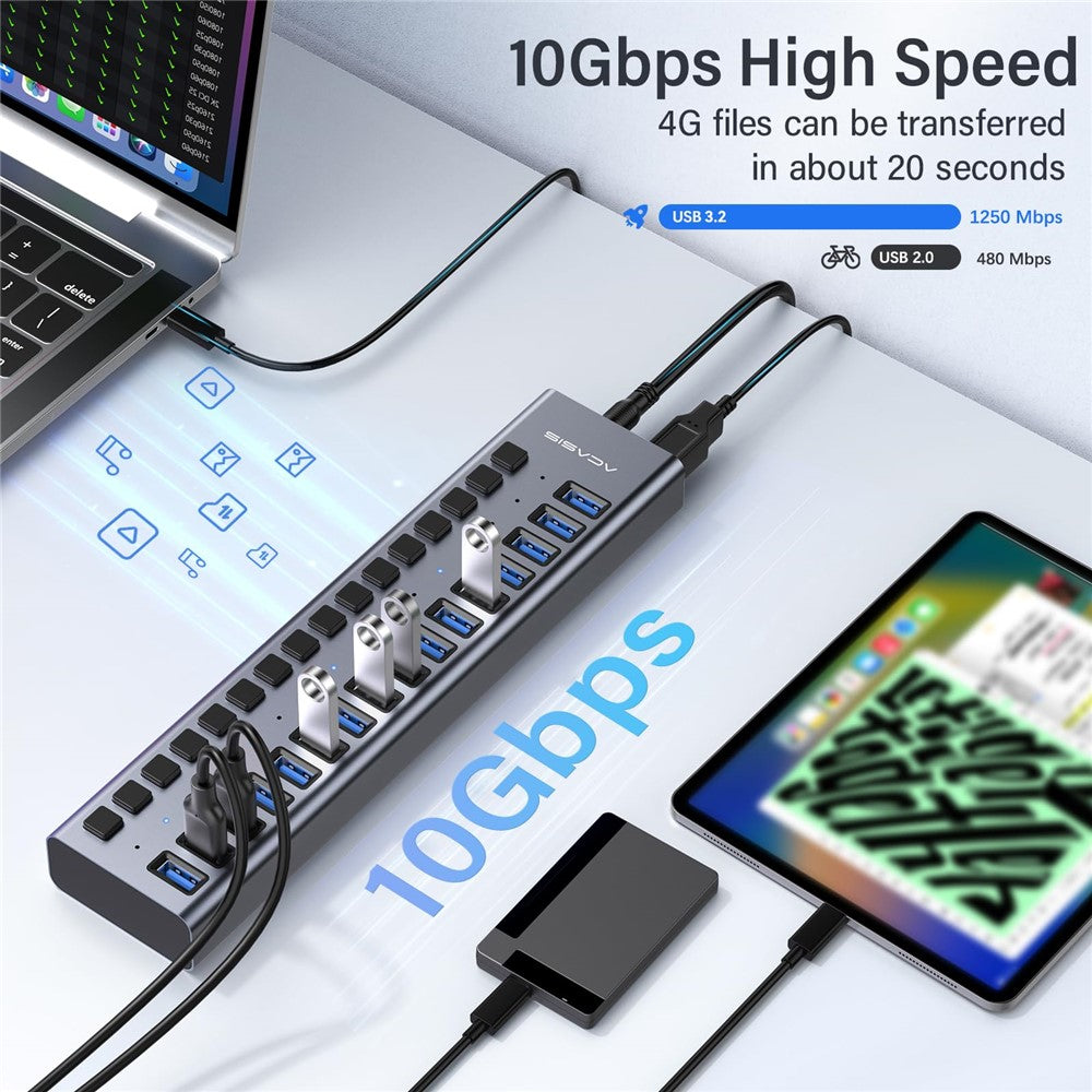 ACASIS HS-716 16-ports USB 3.2 Hub 10Gbps Dataoverførsel Aluminiumlegering Splitter med 96W Strømadapter til PC Laptop