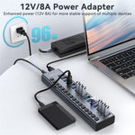 ACASIS HS-716 16-ports USB 3.2 Hub 10Gbps Dataoverførsel Aluminiumlegering Splitter med 96W Strømadapter til PC Laptop