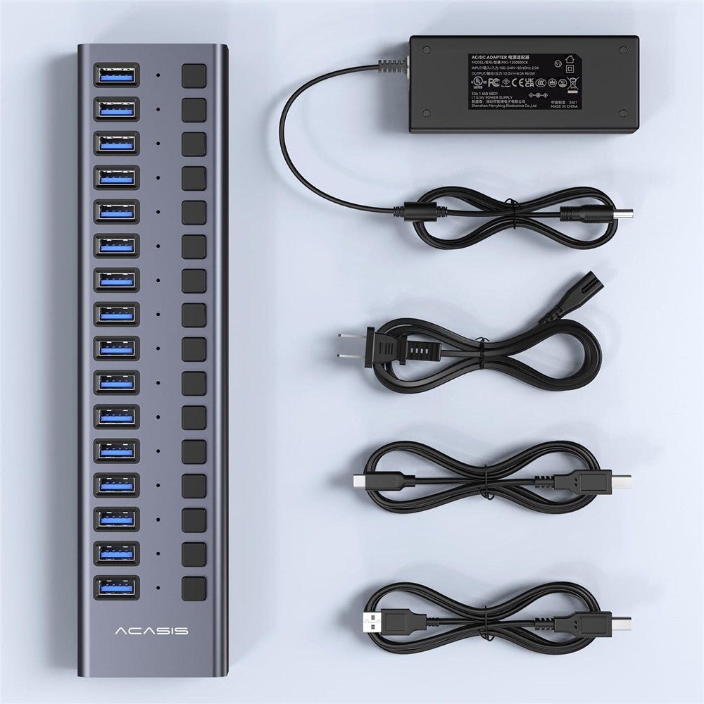 ACASIS HS-716 16-ports USB 3.2 Hub 10Gbps Dataoverførsel Aluminiumlegering Splitter med 96W Strømadapter til PC Laptop