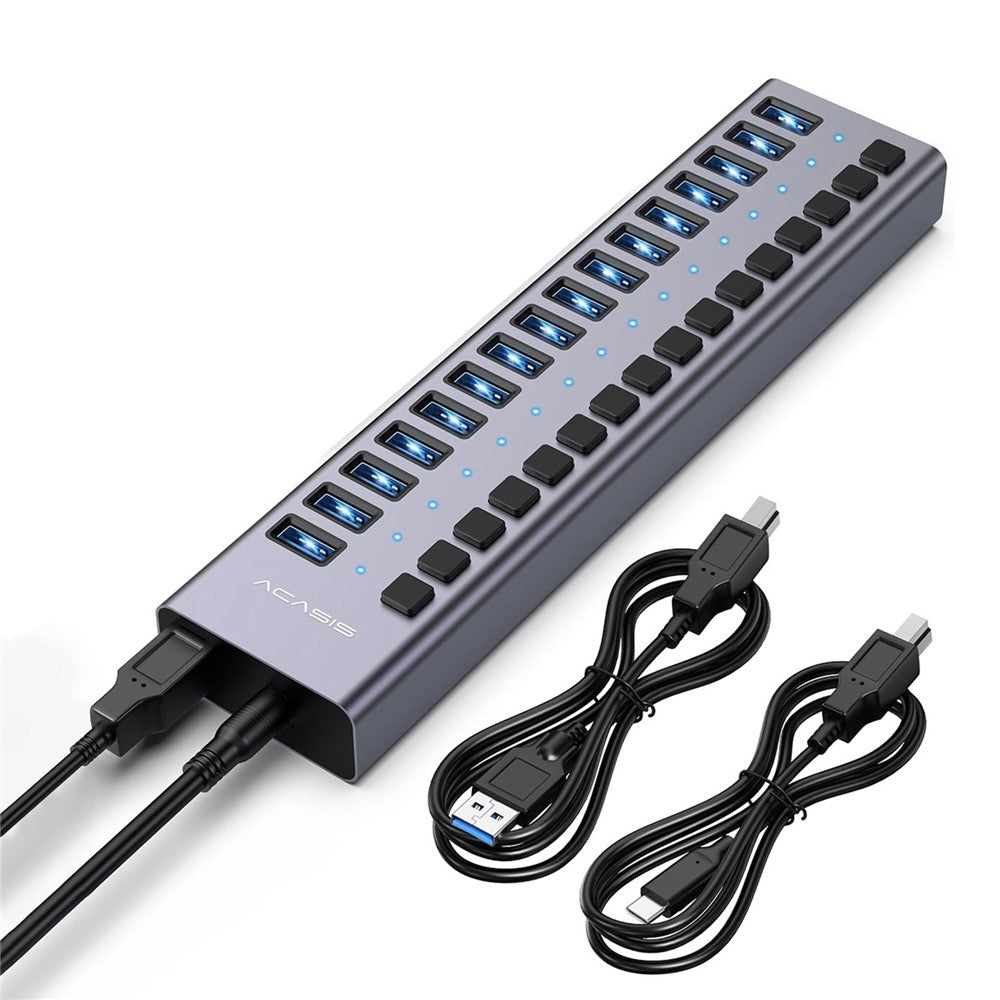 ACASIS HS-716 16-ports USB 3.2 Hub 10Gbps Dataoverførsel Aluminiumlegering Splitter med 96W Strømadapter til PC Laptop
