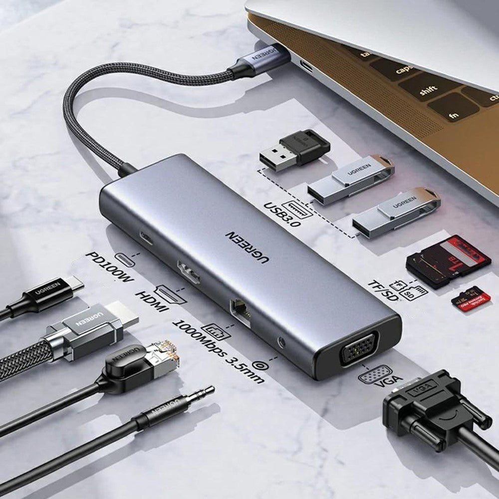 UGREEN 15601 Docking Station 10-in-1 USB-C Hub with HD VGA SD/TF Card Reader PD 100W Fast Charging