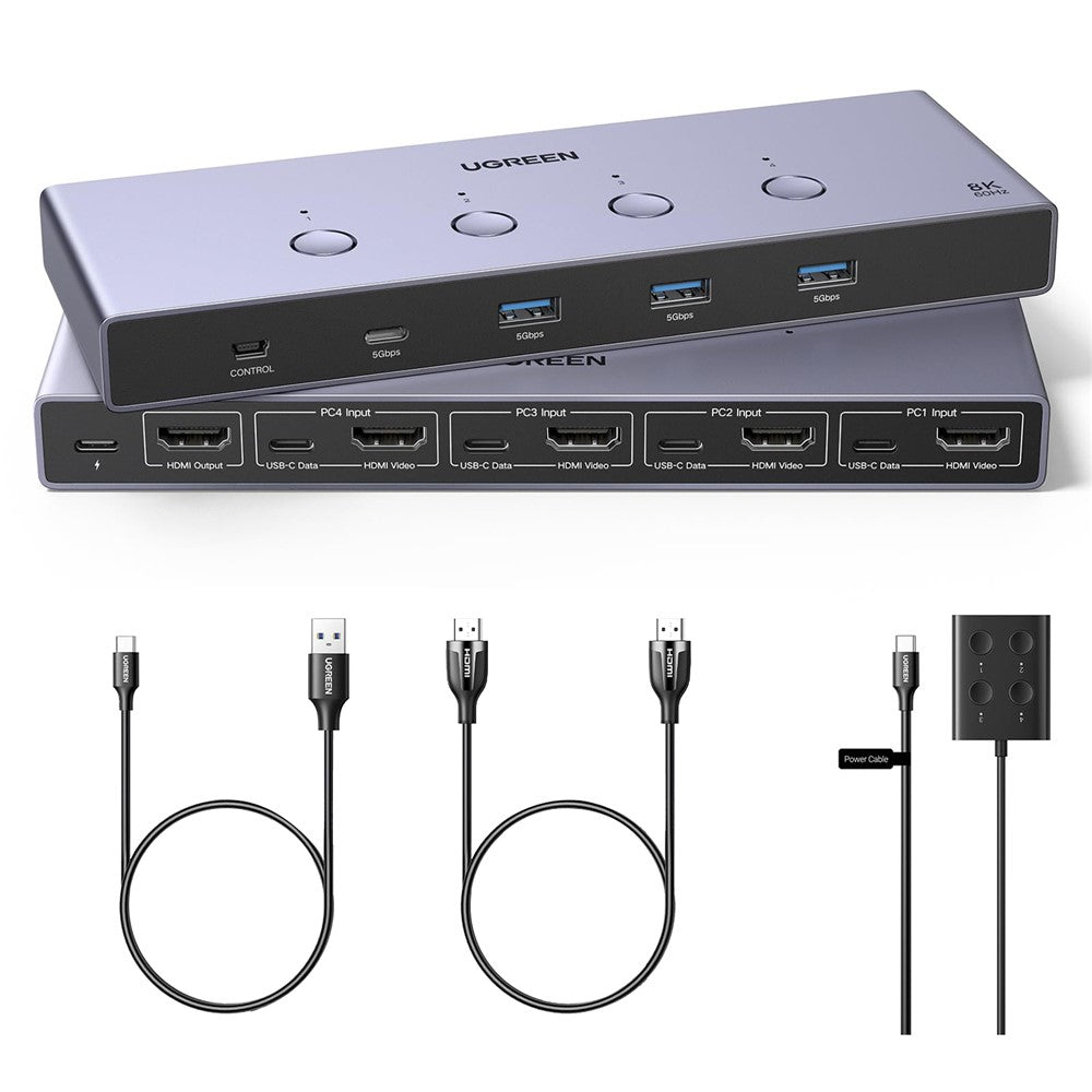 UGREEN AK701 35986 4 ind 1 ud 8K / 60Hz HD 2.1 KVM Switch 4 computere deler 1 skærm til gaming og kontor