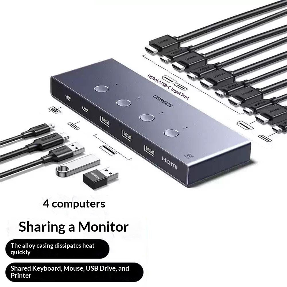 UGREEN AK701 35986 4 ind 1 ud 8K / 60Hz HD 2.1 KVM Switch 4 computere deler 1 skærm til gaming og kontor