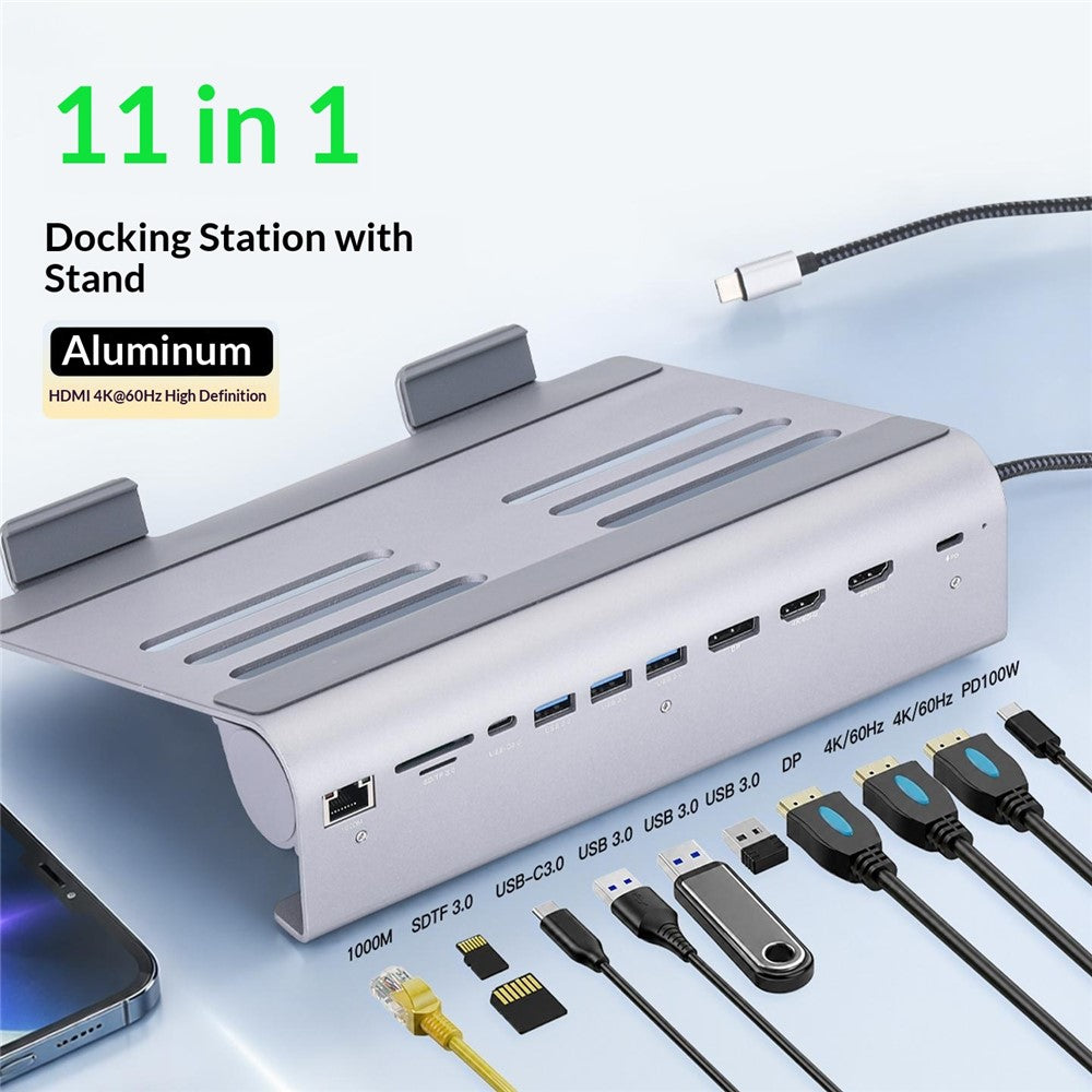 2601 Laptop Stand with Docking Station 11 in 1 PD 100W 4K HD DP RJ45 USB-C Hub