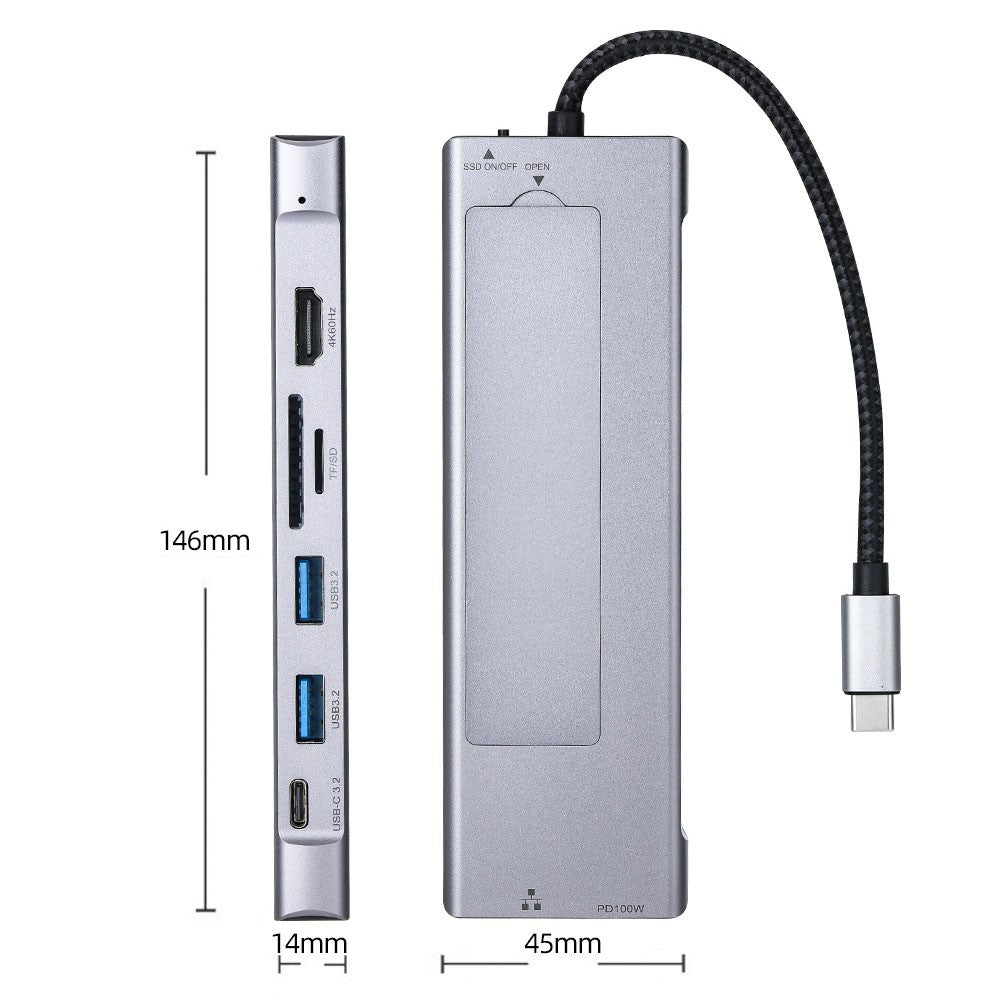 2529 9 in 1 USB 3.2 Hub M.2 NVMe SSD Enclosure Type-C Docking Station Ethernet HD 4K 60Hz PD 100W
