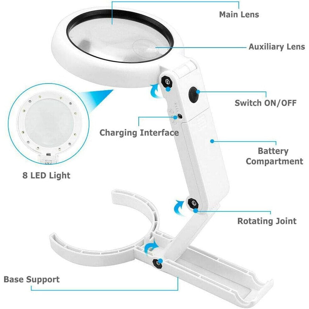 Handheld Desktop Dual-Use LED Magnifier 5x 11x Magnification Foldable Reading Magnifying Glass for Antique Reading