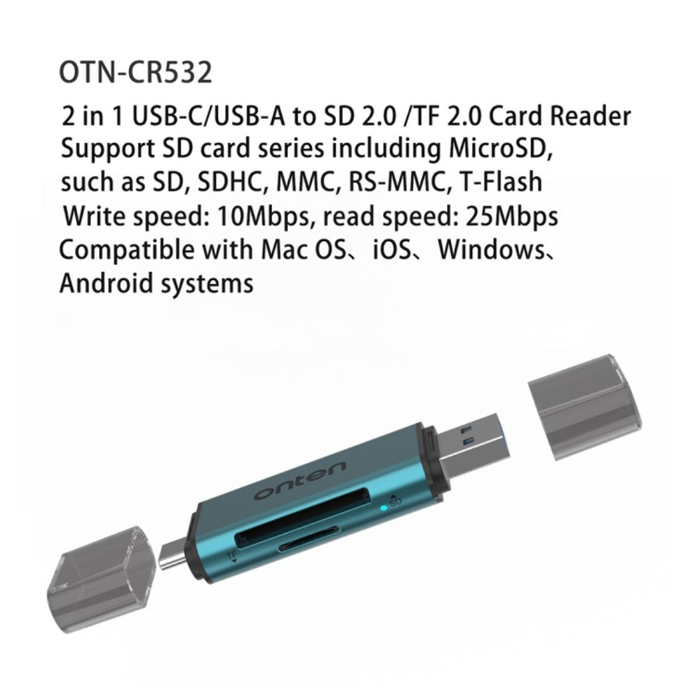 ONTEN CR532 2-in-1 USB-A / USB-C to SD2.0 / TF2.0 Card Reader Aluminum Alloy Dual Connector