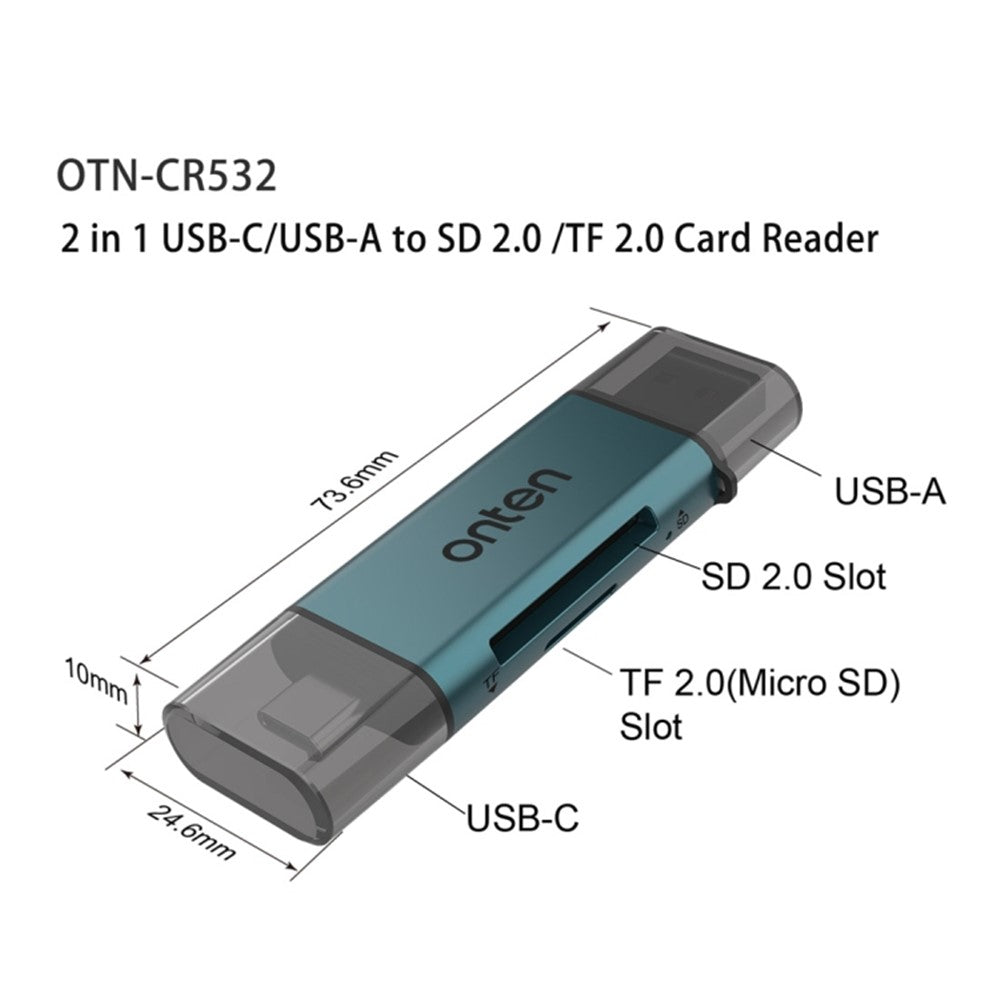 ONTEN CR532 2-in-1 USB-A / USB-C to SD2.0 / TF2.0 Card Reader Aluminum Alloy Dual Connector