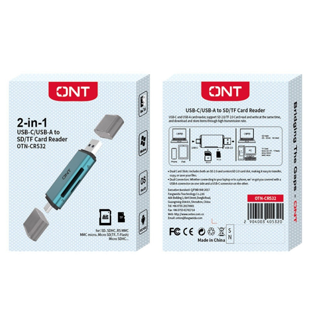 ONTEN CR532 2-in-1 USB-A / USB-C to SD2.0 / TF2.0 Card Reader Aluminum Alloy Dual Connector