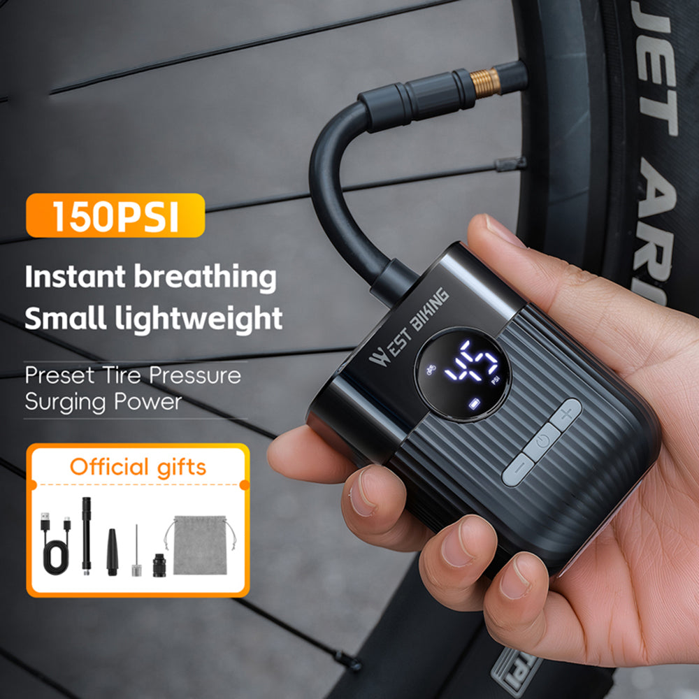 WEST BIKING YP0711201 Elektrisk luftpumpe 150PSI Bærbar Minidækpumpe med LED-display til cykelmotorcykel