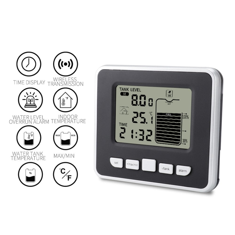 Multifunctional Ultrasonic Water Tank Level Meter with Indoor Temperature Display Digital Electronic Clock Thermometer