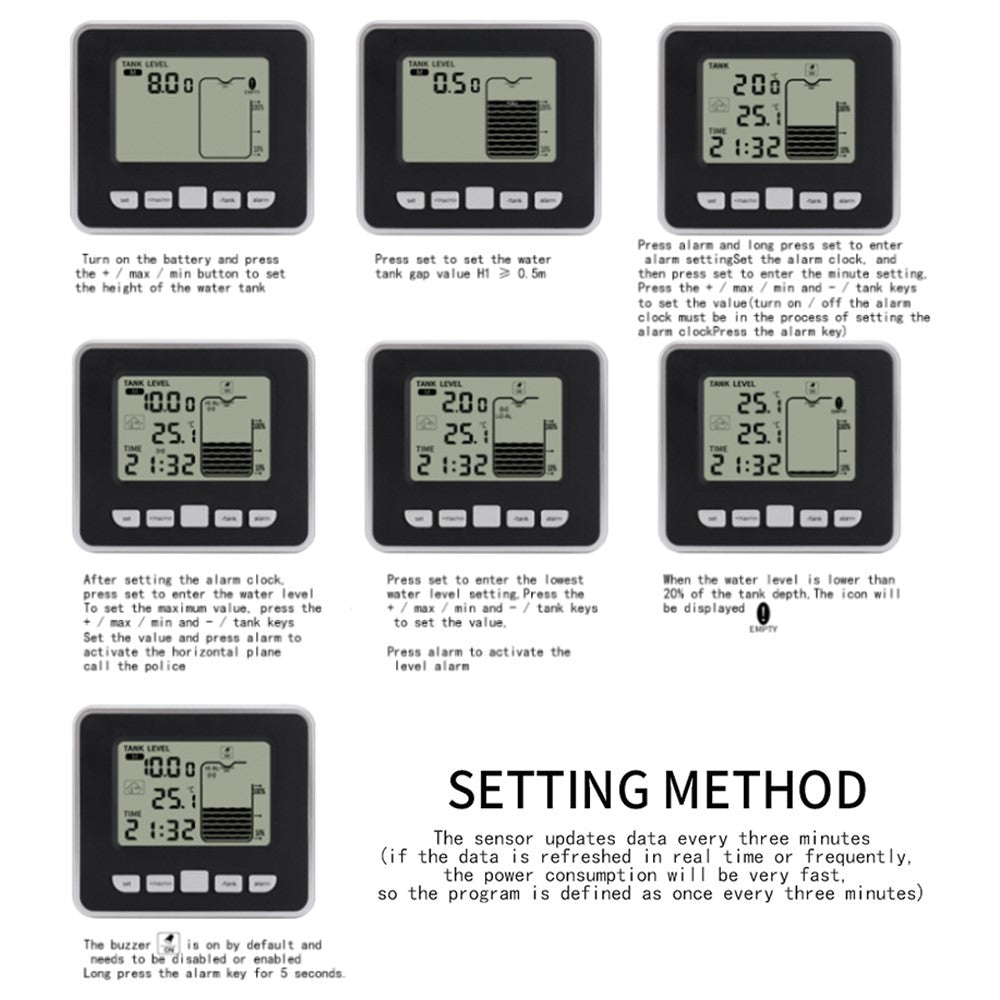 Multifunctional Ultrasonic Water Tank Level Meter with Indoor Temperature Display Digital Electronic Clock Thermometer