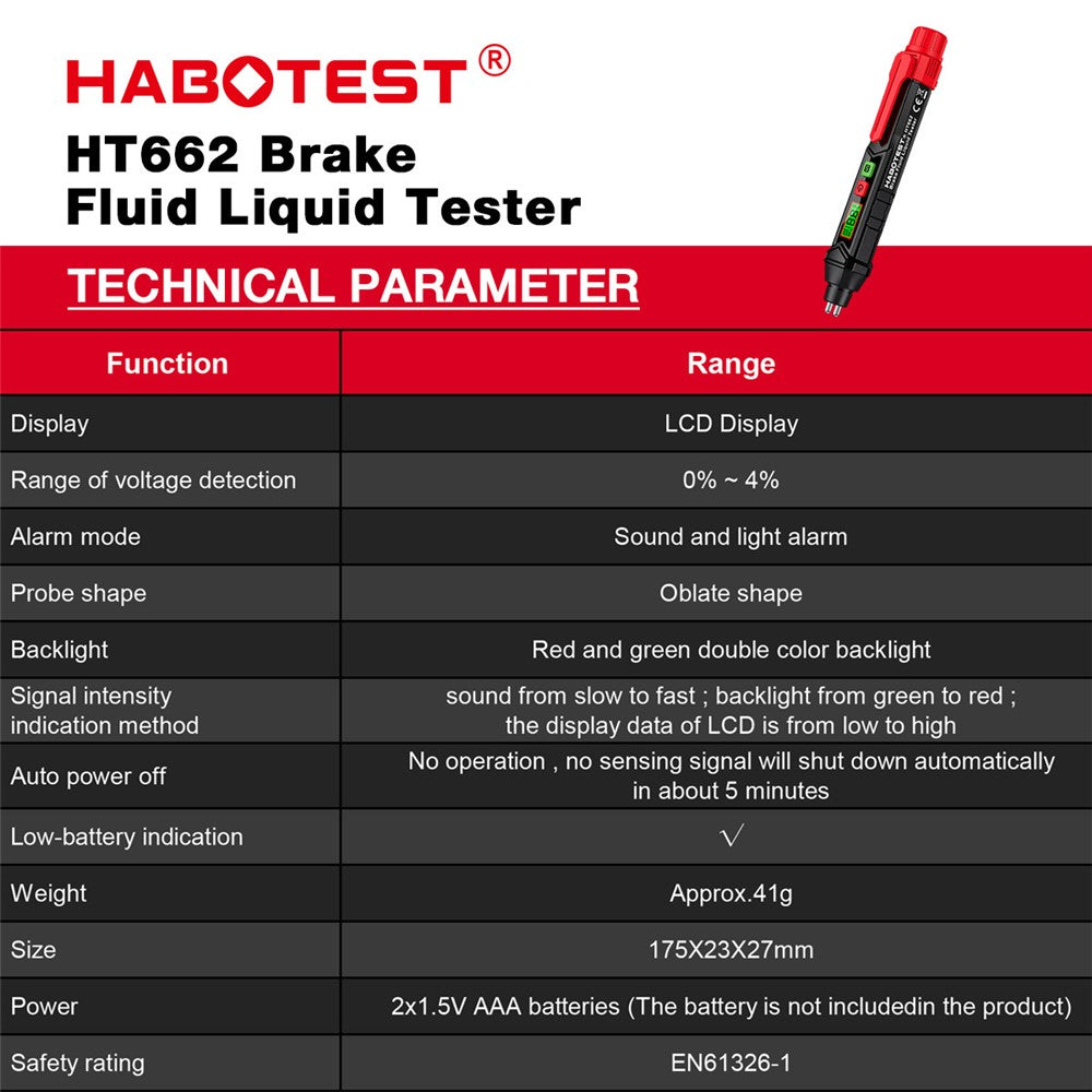 HABOTEST HT662 Brake Fluid Tester Audio Visual Dual Alarm LCD Display Digital Tester Pen (without Battery)