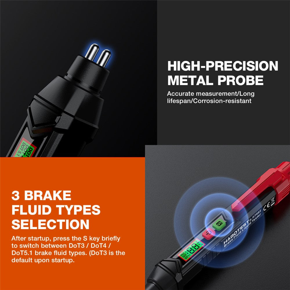 HABOTEST HT662 Brake Fluid Tester Audio Visual Dual Alarm LCD Display Digital Tester Pen (without Battery)