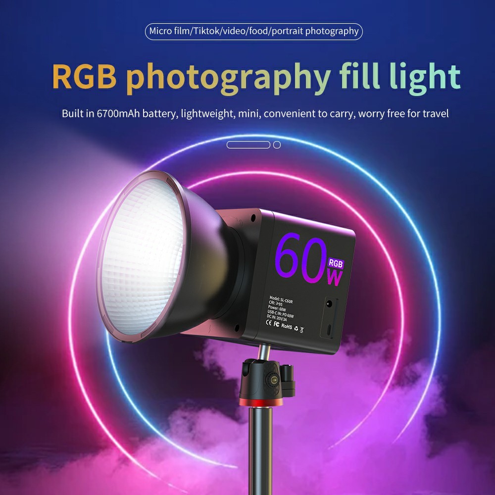C60R Professionel 60W Video Fotografi COB Påfyldningslys RGB Scenelampe, med 4 Batterier
