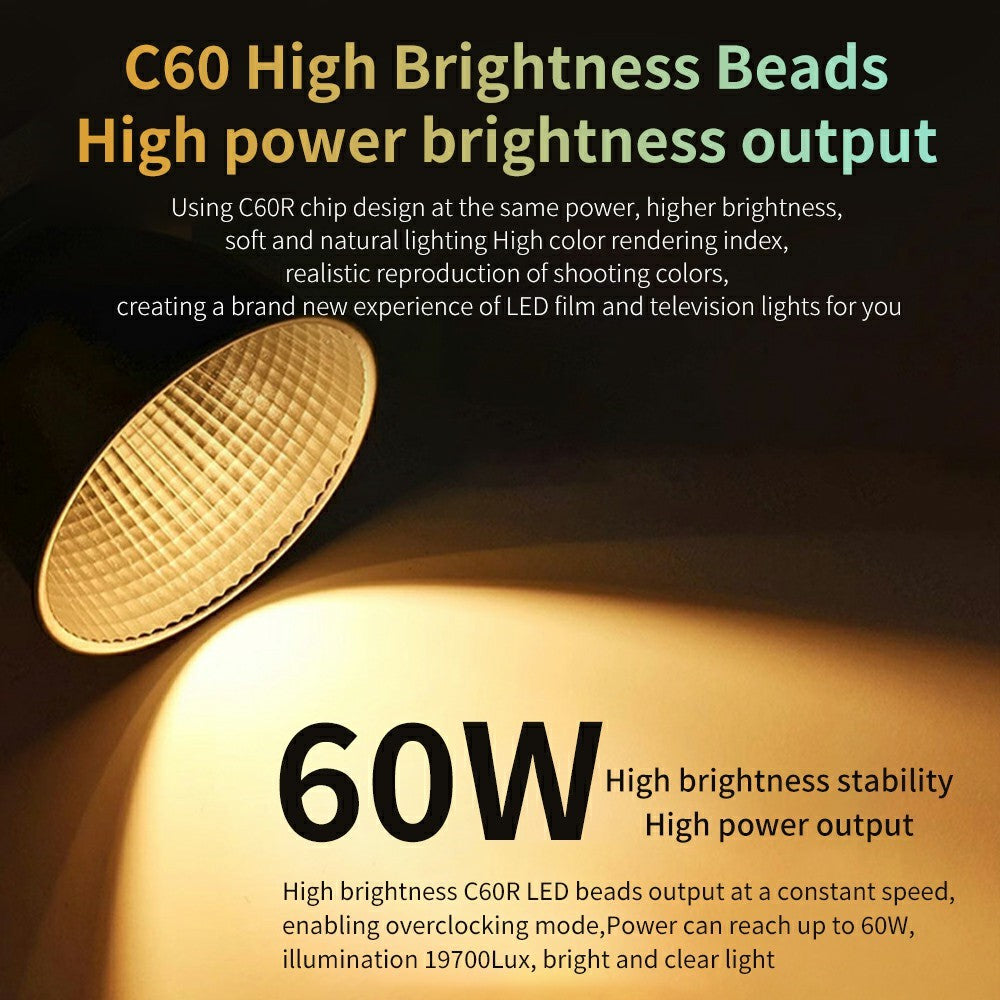 C60R Professionel 60W Video Fotografi COB Påfyldningslys RGB Scenelampe, med 4 Batterier