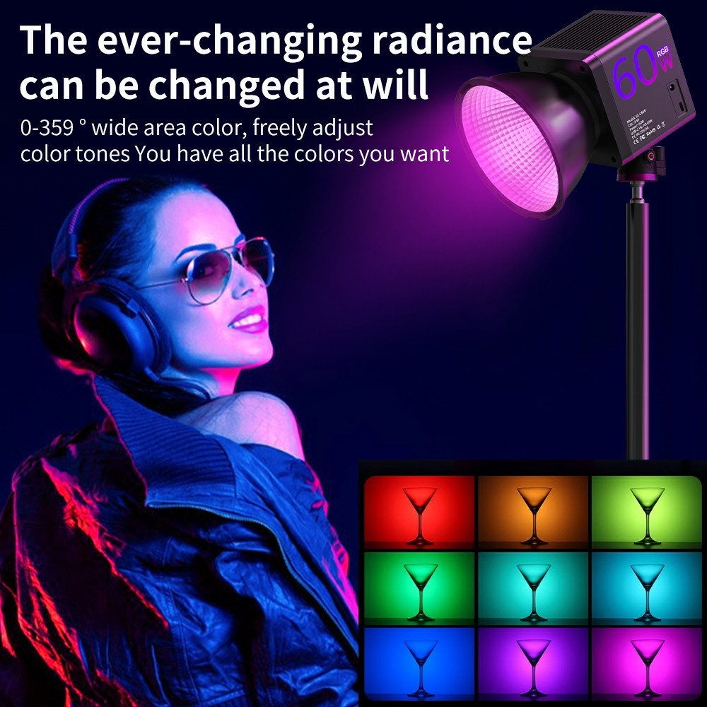 C60R Professionel 60W Video Fotografi COB Påfyldningslys RGB Scenelampe, med 4 Batterier
