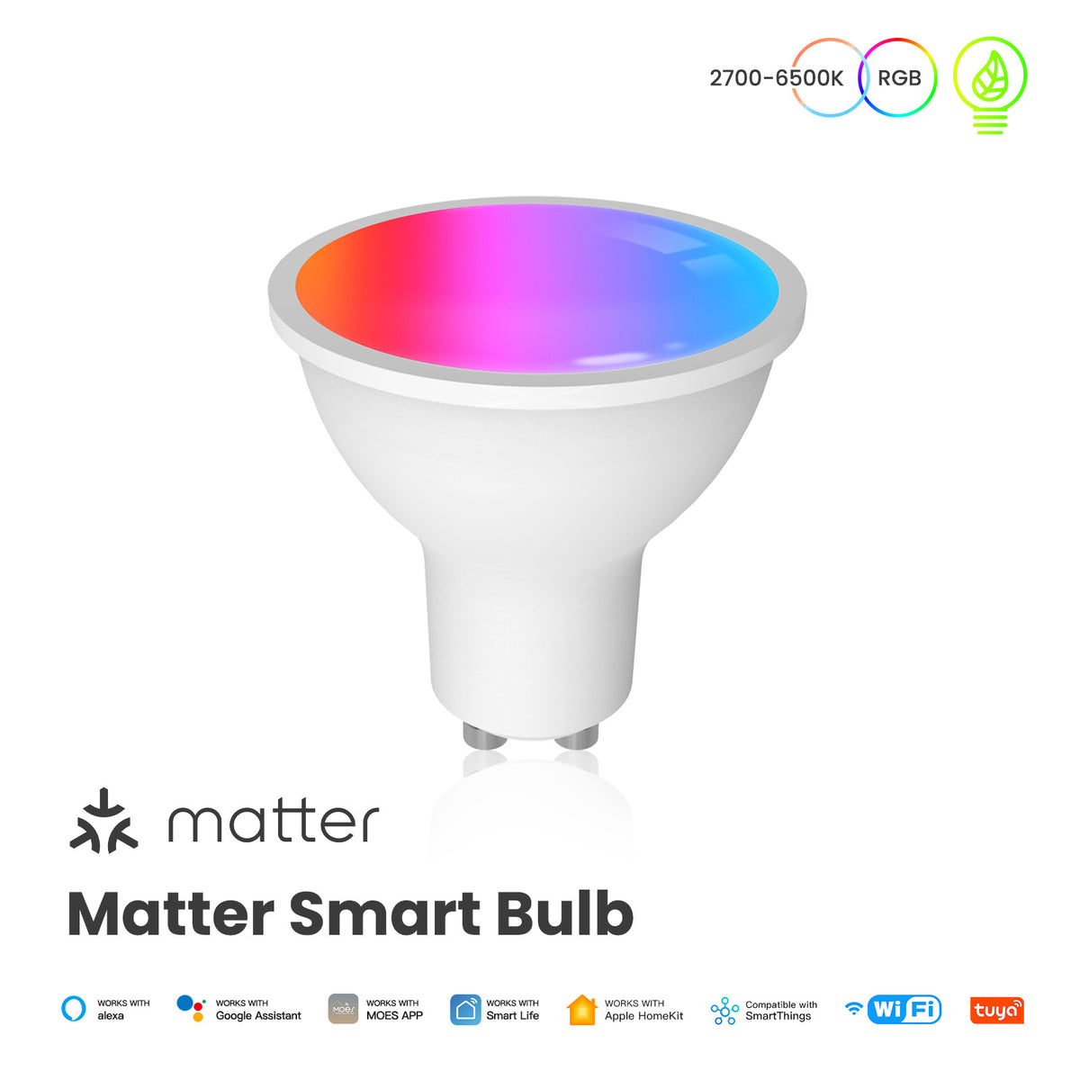 MOES Matter Smart GU10 LED-pærer, farveskiftende WiFi Smart-pærer, 2700K-6500K dæmpbare, Smart Life fjernbetjening