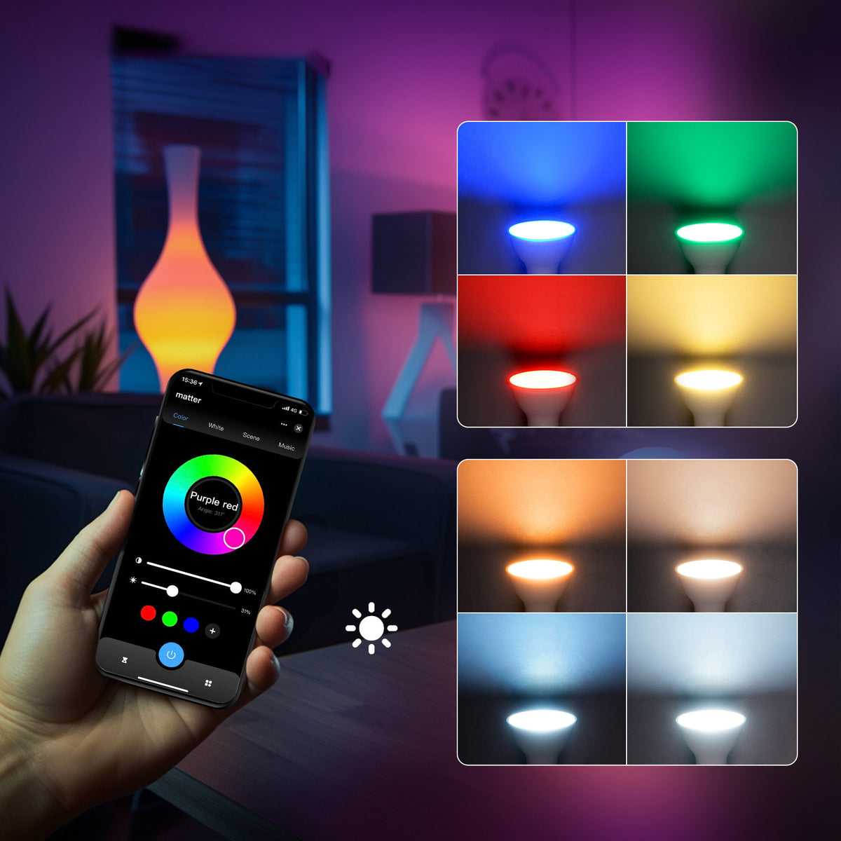 MOES Matter Smart GU10 LED-pærer, farveskiftende WiFi Smart-pærer, 2700K-6500K dæmpbare, Smart Life fjernbetjening