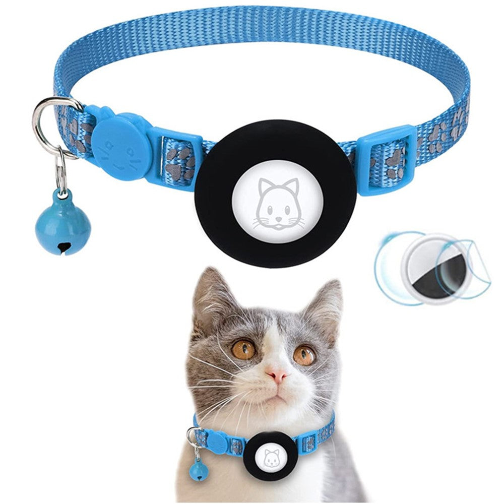 For AirTag Silicone Case Paw Pattern Reflective Pet Collar GPS Tracker Protective Cover with Bell, with Front Back Film Set