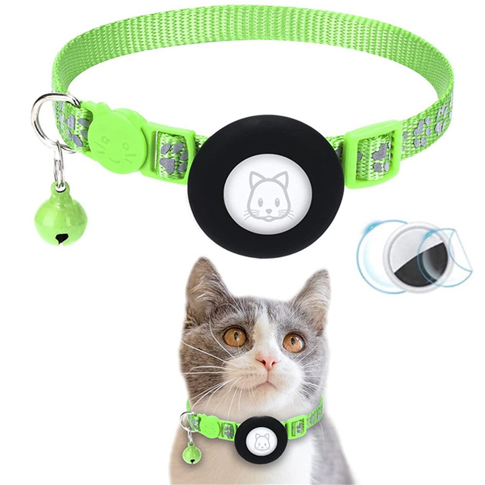 For AirTag Silicone Case Paw Pattern Reflective Pet Collar GPS Tracker Protective Cover with Bell, with Front Back Film Set