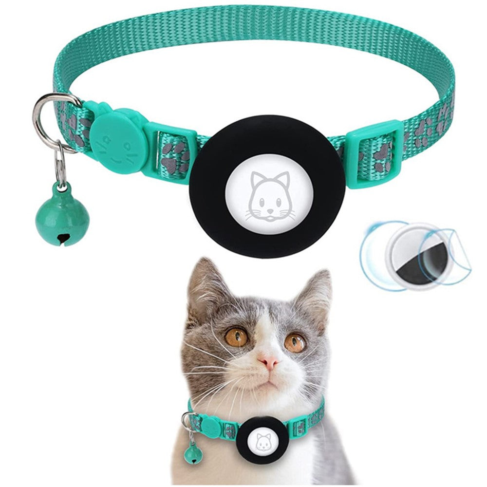 For AirTag Silicone Case Paw Pattern Reflective Pet Collar GPS Tracker Protective Cover with Bell, with Front Back Film Set