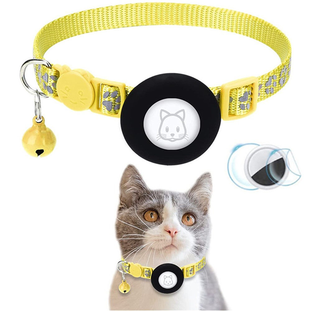 For AirTag Silicone Case Paw Pattern Reflective Pet Collar GPS Tracker Protective Cover with Bell, with Front Back Film Set