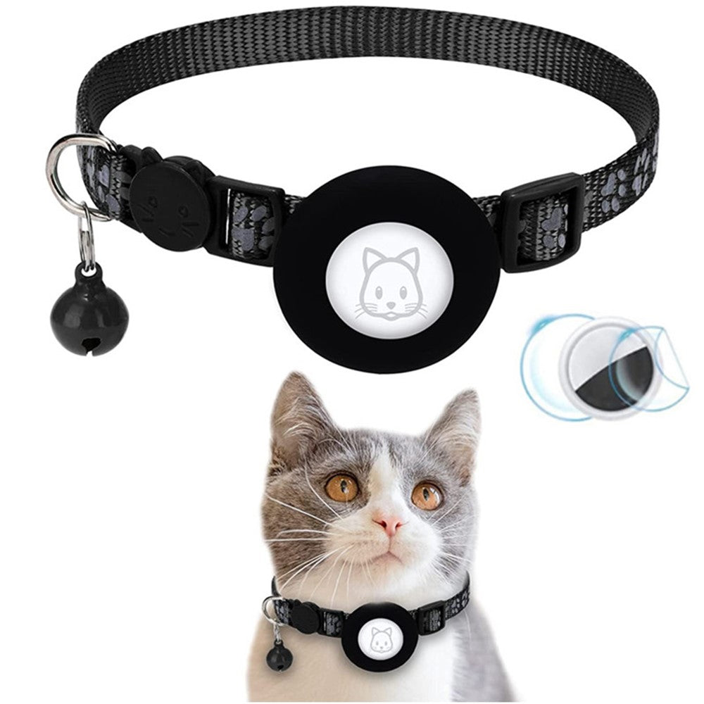 For AirTag Silicone Case Paw Pattern Reflective Pet Collar GPS Tracker Protective Cover with Bell, with Front Back Film Set