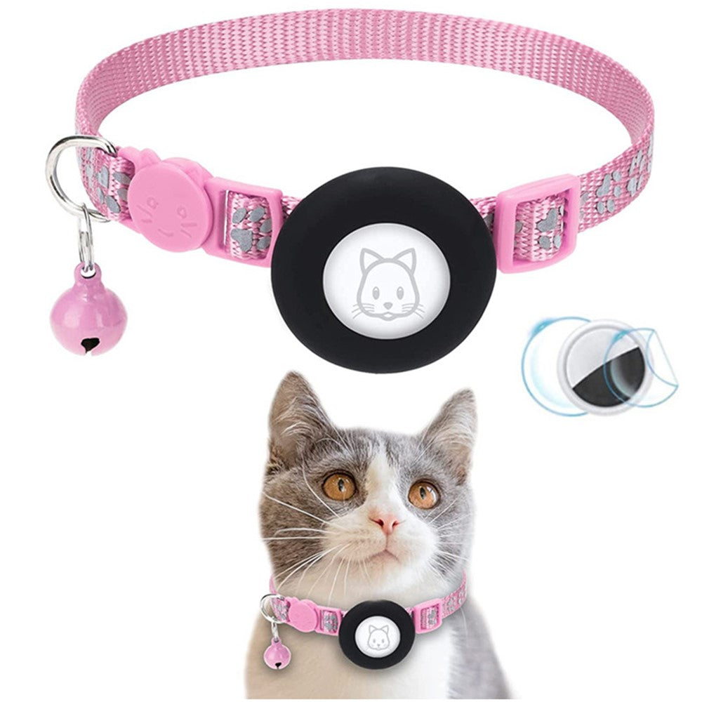 For AirTag Silicone Case Paw Pattern Reflective Pet Collar GPS Tracker Protective Cover with Bell, with Front Back Film Set