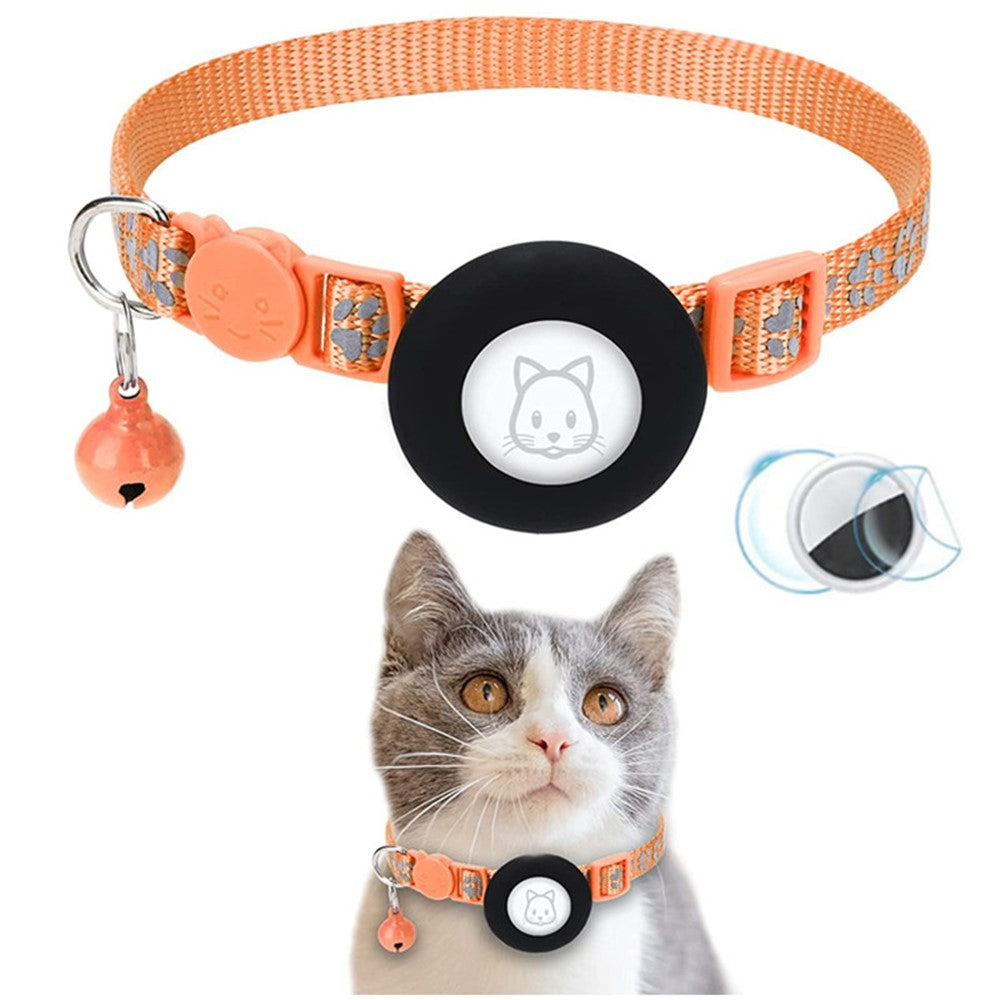 For AirTag Silicone Case Paw Pattern Reflective Pet Collar GPS Tracker Protective Cover with Bell, with Front Back Film Set