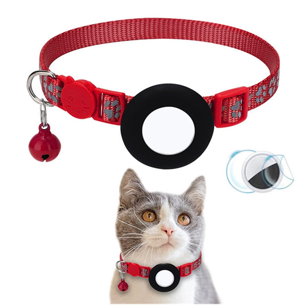 For AirTag Silicone Case Paw Pattern Reflective Pet Collar GPS Tracker Protective Cover with Bell, with Front Back Film Set