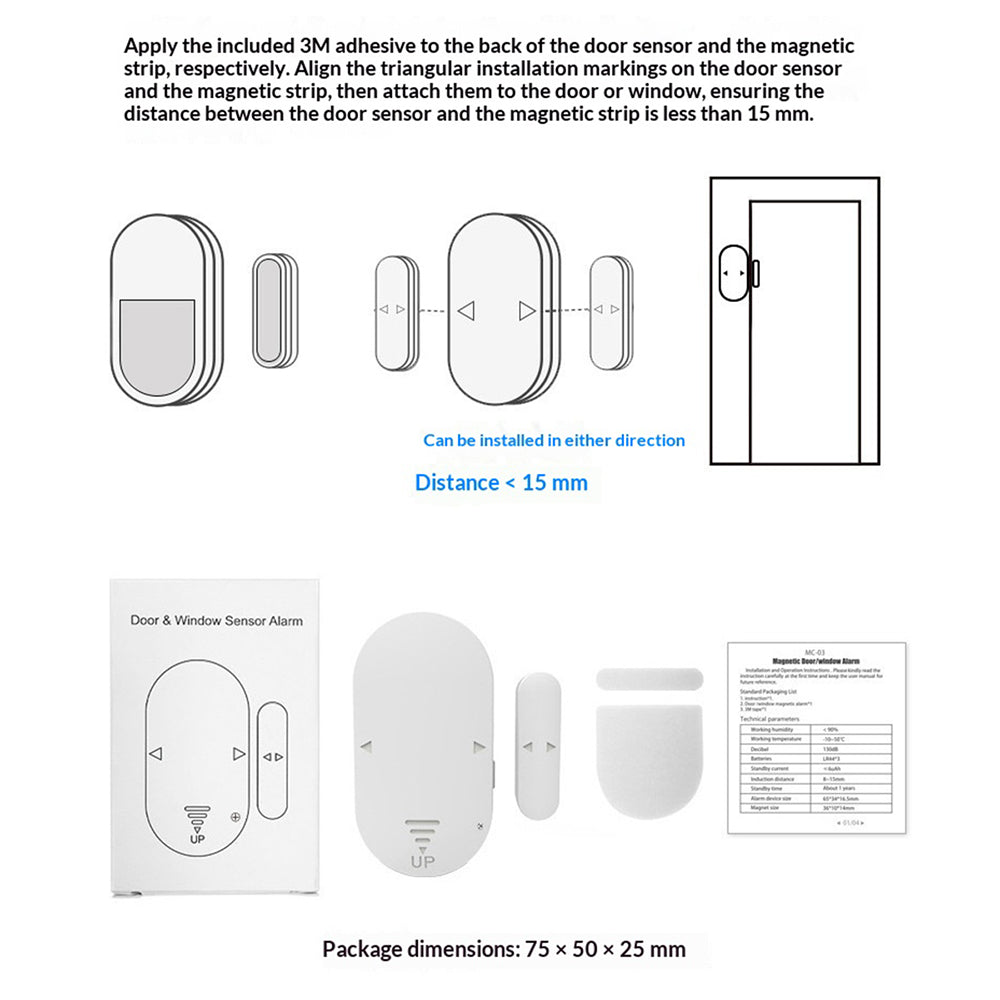 90038 Door Window Magnetic Alarm 130dB 5 Modes Anti-Tamper Security Sensor for Home Protection