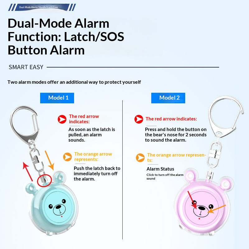130dB Personal Safety Alarm Cartoon Bear Design Dual Mode SOS Type-C Rechargeable with LED Flashlight for Women