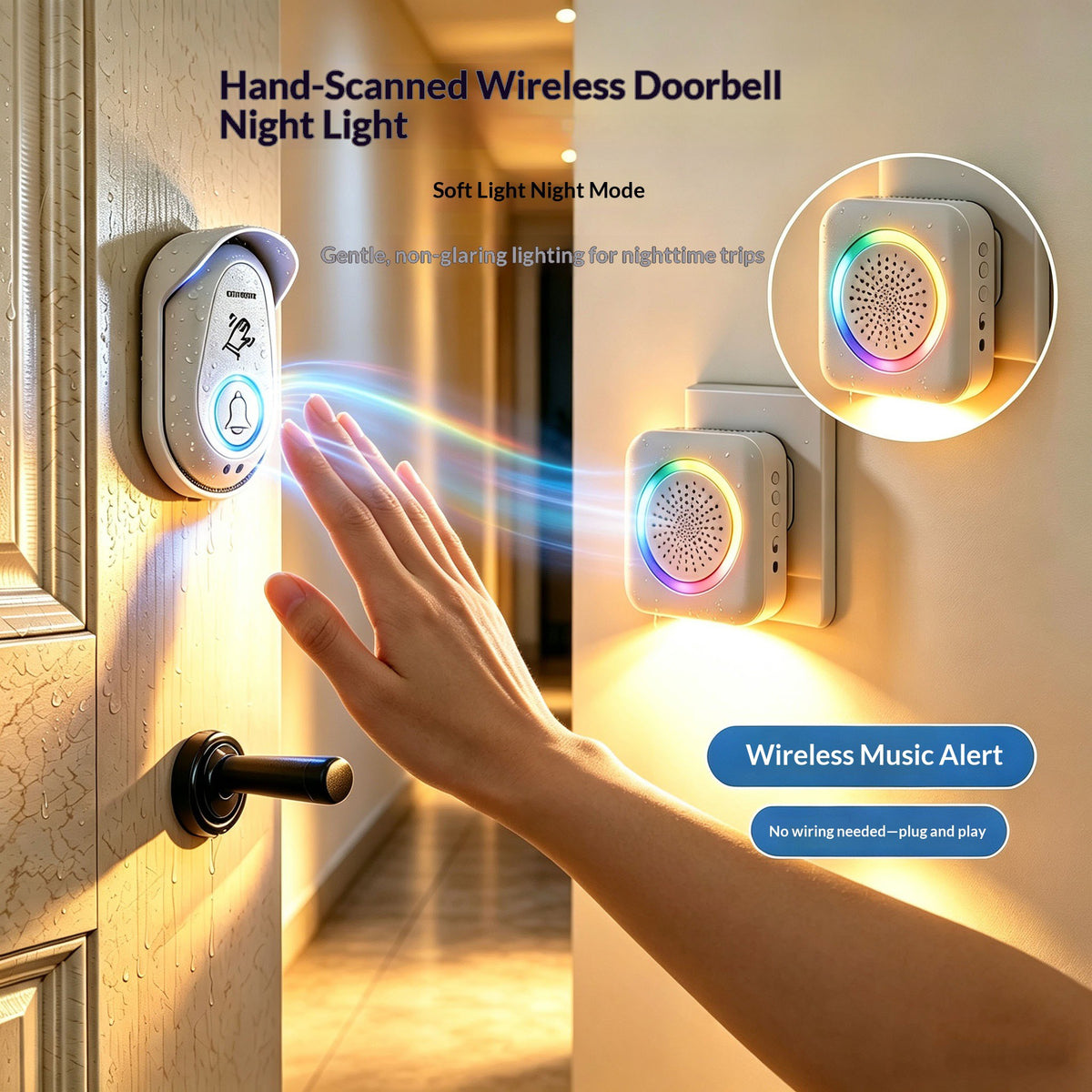306 Wireless Doorbell Hand Wave Sensor RGB Light Ring Warm LED Night Light, EU Plug