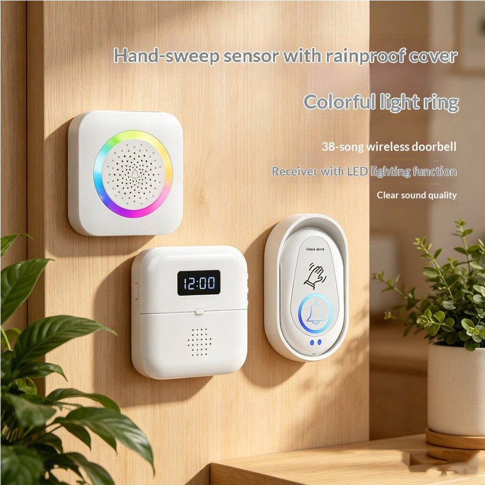 306 Wireless Doorbell Hand Wave Sensor RGB Light Ring Warm LED Night Light, EU Plug