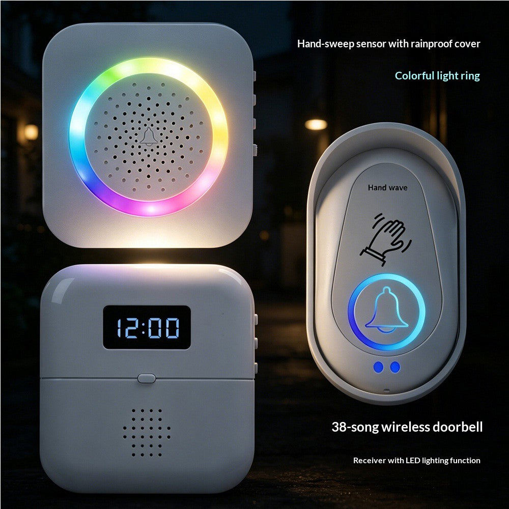 306 Wireless Doorbell Hand Wave Sensor RGB Light Ring Warm LED Night Light, EU Plug