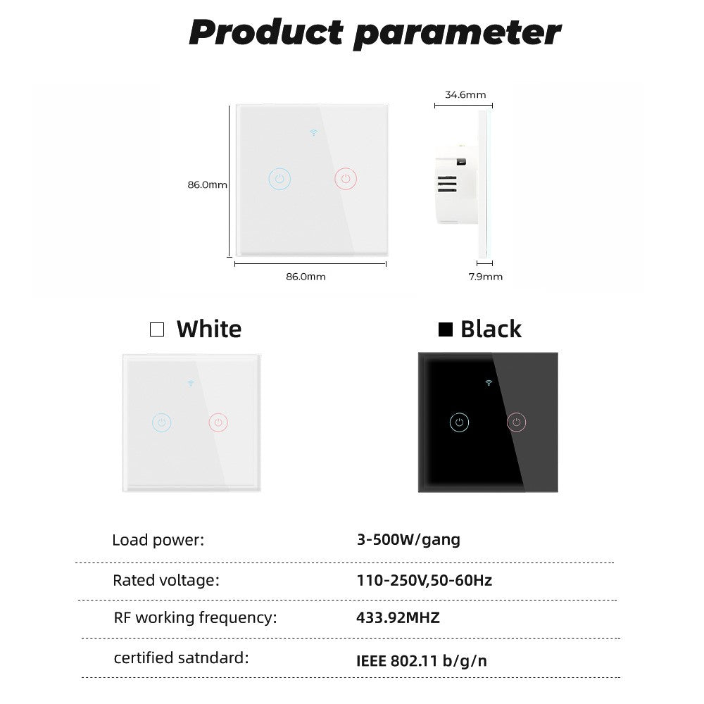 SMATRUL TMW401 Tuya WiFi 433MHZ EU Plug Wireless Touch Wall Switch for Google Home Alexa, 2 Gang WiFi