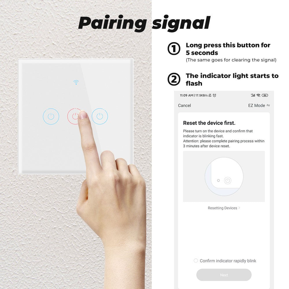 SMATRUL TMW401 Tuya WiFi 433MHZ Wireless Touch Wall Switch for Google Home Alexa EU Plug, 3 Gang WiFi
